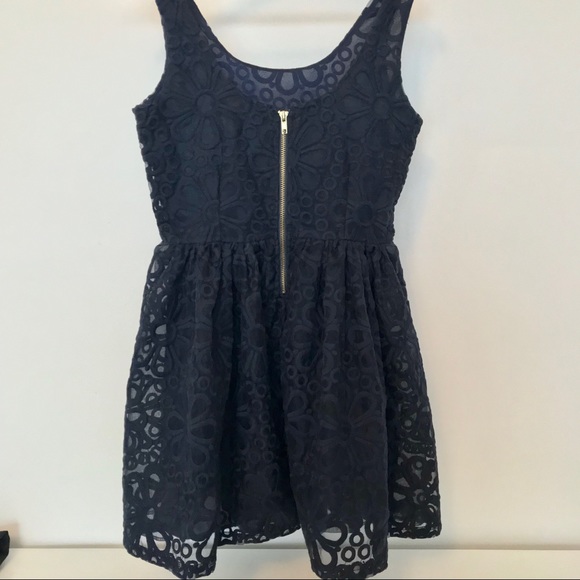 Bik Bok Navy Floral Lace Overlay Fit + Flare Dress - Picture 5 of 7